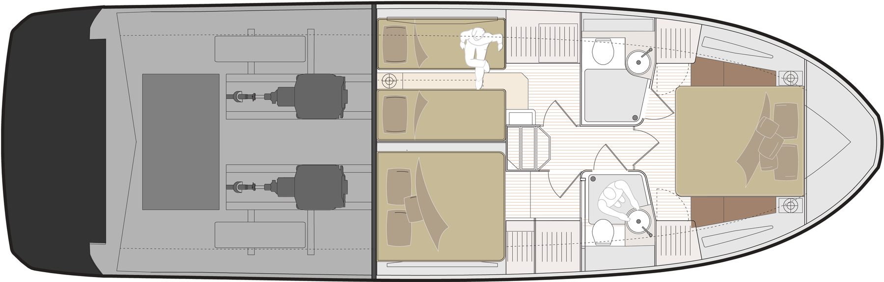 Marex 440 Scandinavia Lower deck, three-cabin layout